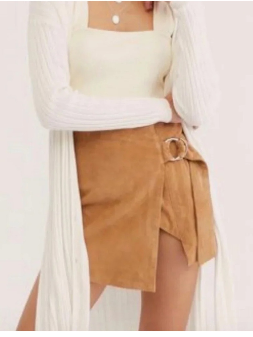 Understated Leather Tan Goat Suede Wrap Mini Skirt Size M D-Ring Closure